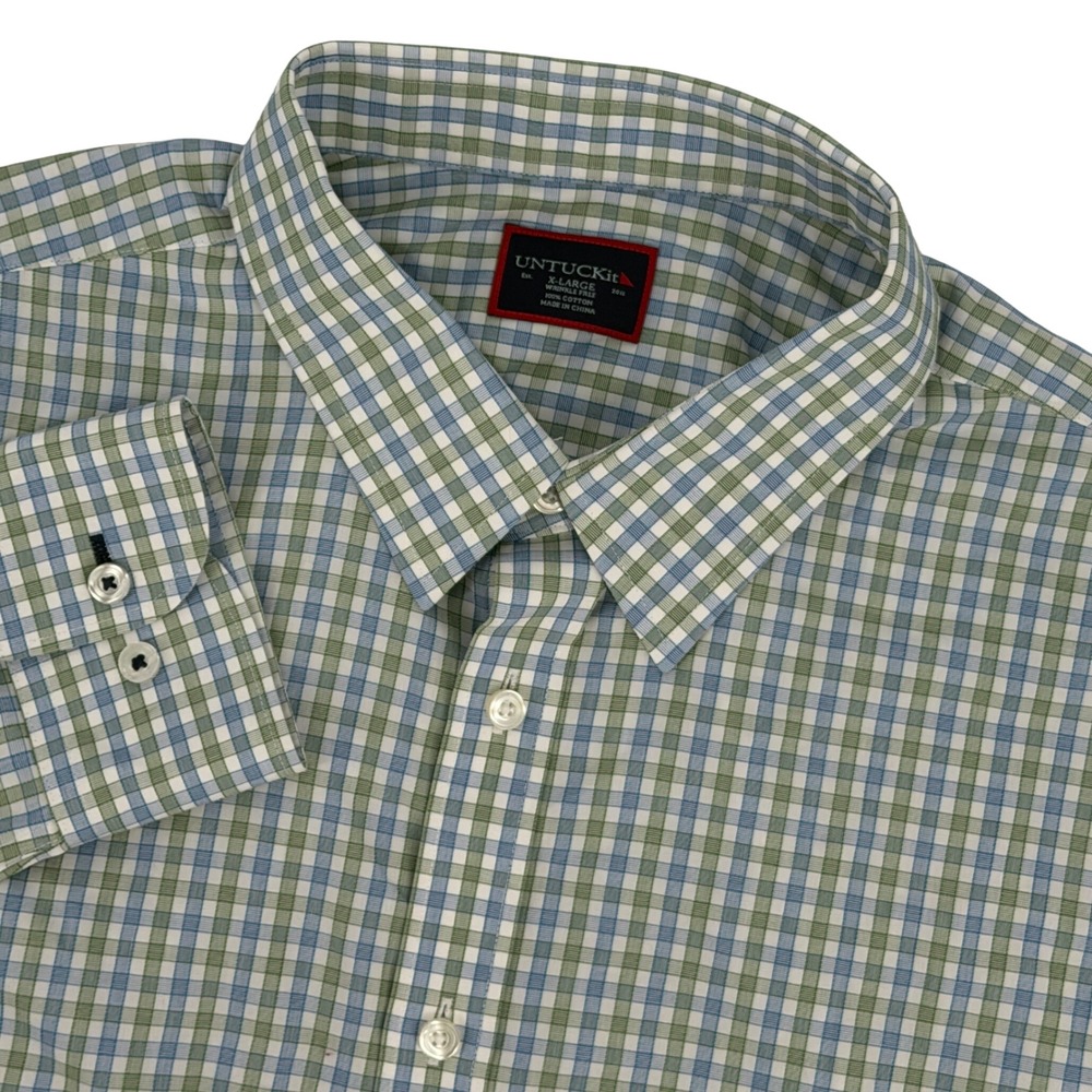 UNTUCKIt Button Down Shirt Mens XL Blue Green Plaid Cotton Wrinkle Free Casual